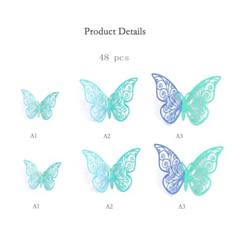 3D Blue Teal Butterfly Decorations Stickers,Butterfies Wall Art Wedding Decor Removable Wall Murals Decals for Living Room Babys Bedroom Birthday Party Butterfly Decoration Nursery Art Decor (48 Pcs)