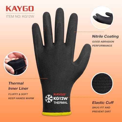 KAYGO 3 Pairs Winter Work Gloves for Men and Women, Thermal Insulated Safety Work Gloves Nitrile Coated, Super Grip on Palm & Fingers, Ideal for Freezer Work, KG12W Black, M