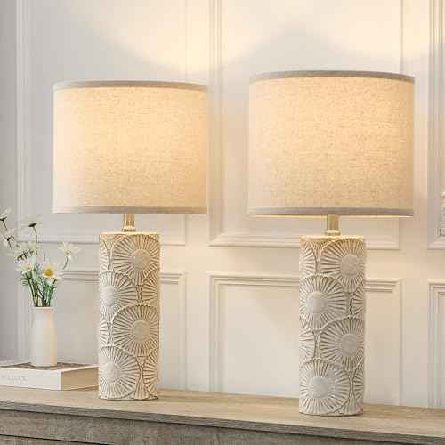 25.25" Tall White Lamps Set of 2 with Floral Design, Farmhouse White Ceramic Lamps Set of 2 for Bedroom, Living Room, Beige Table Lamps for Nightstands, Console Table