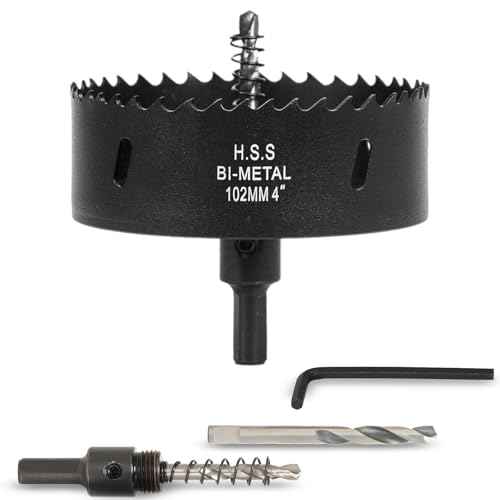 4 Inch Hole Saw with Arbor for Wood Metal Plastic, 4 in Bimetal Hole Cutter, Fast Chip Removal, Smooth Flat Drilling Edge, Lightweight & Portable (Black)