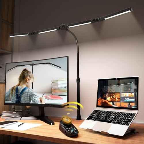 Adjustable LED Desk Lamp ? Stepless Dimming & Color Temp Remote Control, Eye-Caring 4 Large Bright Light Souce for Home Office, Gooseneck, Clamp Base, 5 Lighting Modes for Reading, Computer, DIY