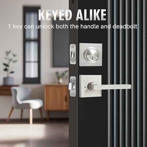 Front Door Handle Set with Deadbolt, Door Levers and Single Cylinder Deadbolt Set, Keyed Alike Heavy Duty Keyed Privacy Handles Locksets,(Satin Nickel,2Pack)