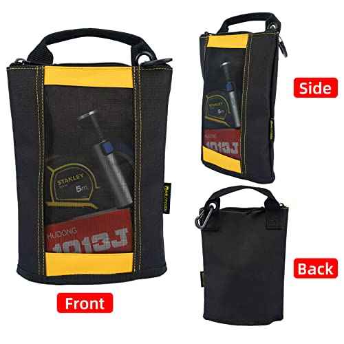 MELOTOUGH Small Tool Pouch Fastener Bag Utility Canvas Tool Zipper Pouches Mesh Tool Bag with Carabiner Clip (4, Yellow)