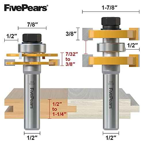 FivePears Adjustable Tongue and Groove Router Bit Set with 1/2 Inch Shank, Shaker Style 3 Teeth T Shape Wood Milling Router Bit for Match Oak Hardwood Floor Wainscoting Boards Joinery