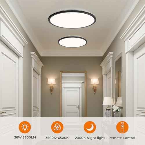 Matane 15.4in LED Flush Mount Ceiling Light Fixture with Remote, 2000K Warm Nightlight, Dimmable 3000K-6500K Low Profile Ceiling Lights for Bedroom, Living Room, 3600LM Black