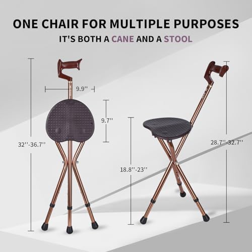 Folding Cane Seat Sturdy Lightweight Adjustable Handle Legs with LED Light Cushion for Elderly Walking Stick 300 lbs Large Plate