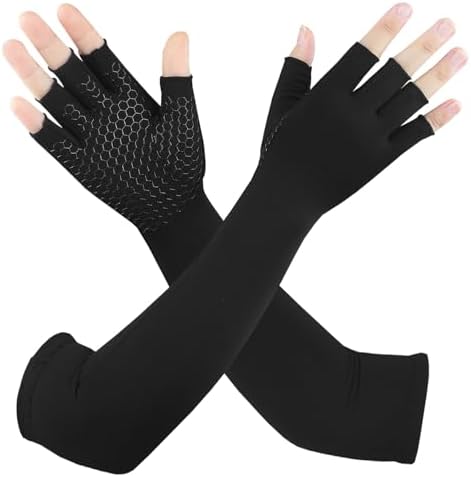 Long Copper Arthritis Gloves for Carpal Tunnel, Compression Gloves for Hand Pain Relief, Wrist Arm Support, Fingerless Typing Gloves for Rheumatoid, Tendonitis, Fits Women Men, 1 Pair, Small