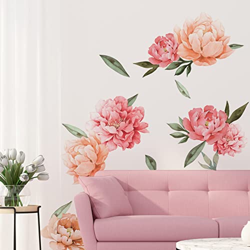 Peony Flowers Wall Decals, Watercolor Elegant Peonies Rose Floral Wall Stickers, FODIENS Pink Blossom Flower Wallpaper Art Applique for Living Room Bedroom Girls Room