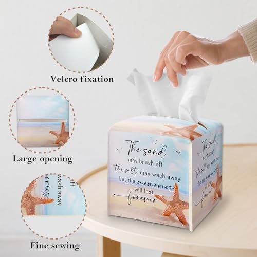 Beach Tissue Box Cover Square, Starfish Tissue Box Holder with Bottom Belt, Leather Facial Paper Holder Coastal Decor for Bathroom Vanity Countertop, Nightstands, Dining Table, Office, Car -05