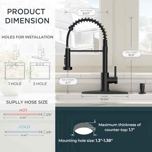QFN Black Kitchen Faucet with Soap Dispenser, Stainless Steel Modern Spring Single Handle Commercial Kitchen Sink Faucet with Pull Down Sprayer Fit for 1 or 3 Hole for Farmhouse Rv Laundry Room