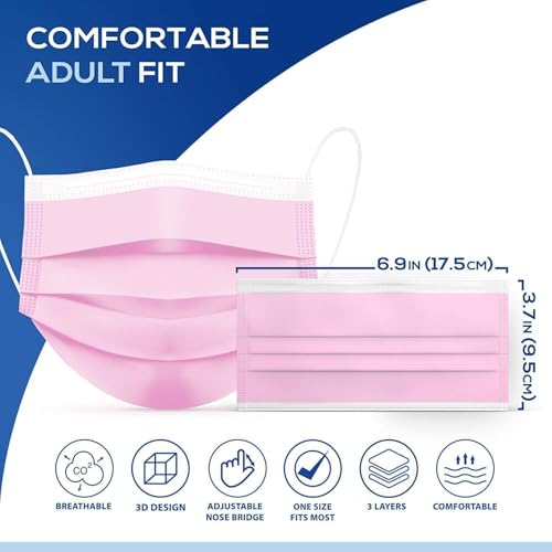 50PCS Cute Pink Disposable Comfortable Earloop Face Masks (10 PCS/Bag Sealed,Pack of 5) Medical Grade ASTM Level 2,High Filtration Ventilation Skin-Friendly 3-Ply Fabric (Non-Woven 65%,Melt-Blown 35%)
