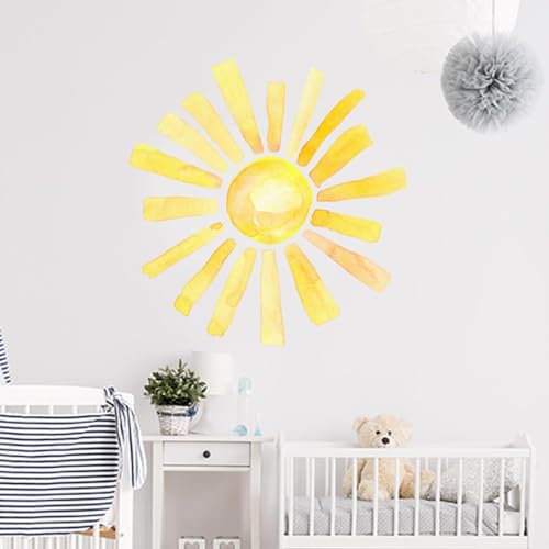 Cumule Boho Watercolor Sun Wall Decals, 22.44x22.04 Inch, Yellow, PVC, Indoor, Nursery Wall Stickers, Rectangular, Cartoon, Sun-1, 2 Pack