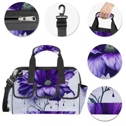 15 Inch Tool Bag 14-Pockets Tool Box Organizer for Men Big Floral Purple Tool Tote Bag Waterproof Toolbox with Shoulder Strap Heavy Duty Garden Tool Organizer for Mechanic