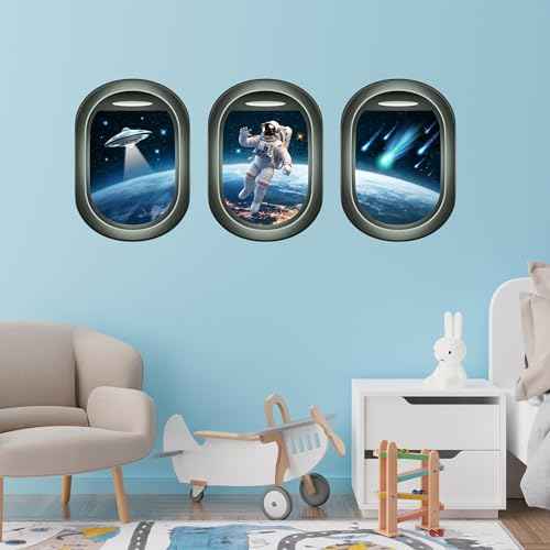 Glow in The Dark 3D Space Wall Decals, Set of 3 Galaxy Window Stickers for Wall, Space Themed Room Decor for Kids Boys (Green)
