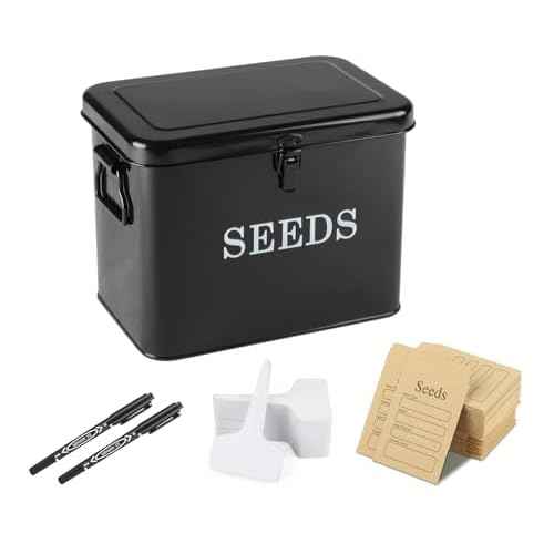 Seed Storage Organizer, T-Shape Compartment Seed Box with Safety Lock, Metal Seed Saving Box, Portable Seed Bin Container with Handle, Including 2 Pens 20 Plant Labels 50 Seed Envelopes-Black