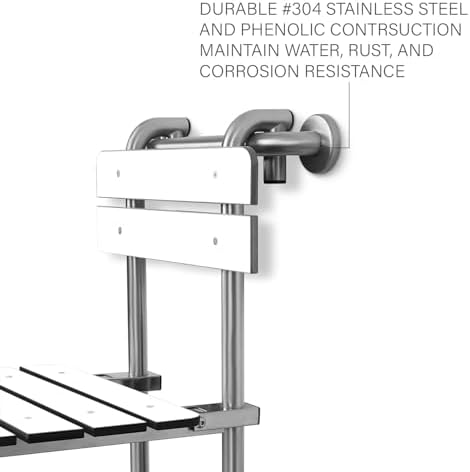 Portable Hanging Profile Bench Shower Seat with 18-inch Grab Bar, Grab Bar Supported, Stainless Steel, White