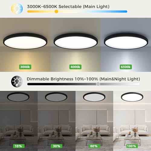 Zemty 15 Inch LED Ceiling Light With Night Light 1800K, 3000K/4000K/6500K Dimmable Fixture With Remote Control, Low Profile Lighting for Bedroom Living Room Kitchen-Black