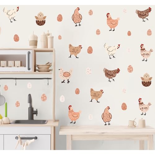Boho Hens Chicken Wall Stickers, Rustic Chick Eggs Vinyl Wall Decals, Removable Funny Farm DIY Wall Art for Kitchen Playroom Farmhouse Decor