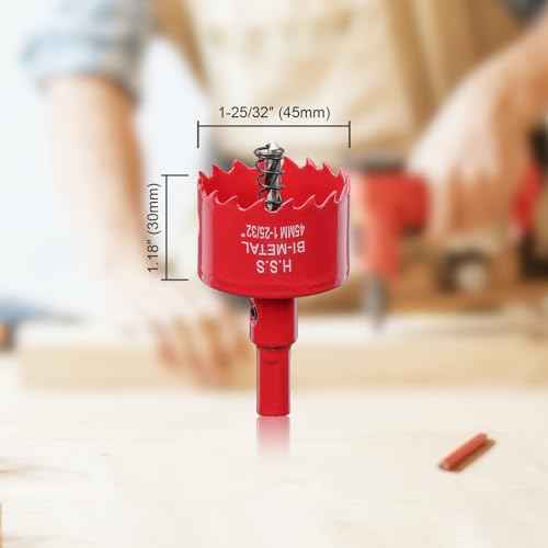 1-3/4 Inch Hole Saw for Wood, 45mm HSS BI-Metal Hole Saw for Recessed Lighting, 30mm Cutting Depth Hole Cutter with Hex Shank Drill Bit Adapter for Cornhole Boards Plastic Drywall Fiberboard, Red