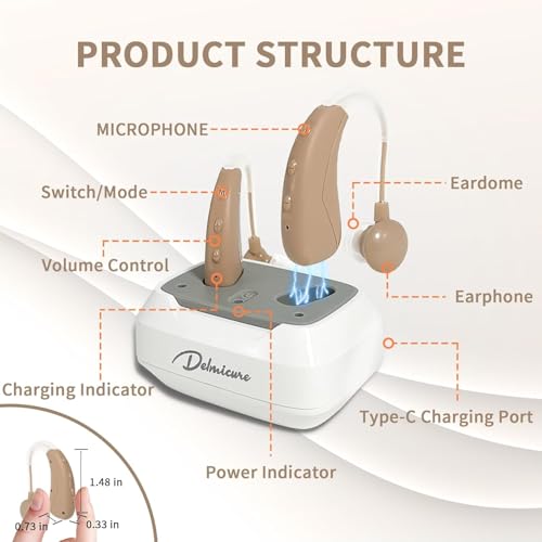 Hearing Aids for Seniors, Rechargeable Hearing Amplifiers for Seniors with Noise Cancelling, Delmicure Hearing Amplifiers for Adults with Adjustable Volume& Charging Base, Brown