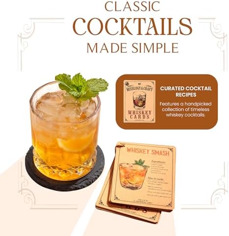 Mixology & Craft Whiskey Stones Gift Set – Includes Two 10oz Crystal Whiskey Glasses, 8 Granite Chilling Rocks, Slate Coasters, Metal Tongs, Cocktail Recipe Cards, Elegant Wooden Storage Box