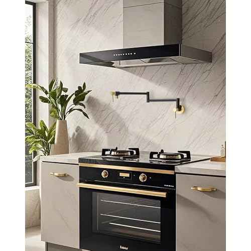 Fransiton Black & Gold Pot Filler, Pot Filler Faucet Wall Mount, Brass Folding Stretchable with Double Joint Swing Arm Single Hole Two Handles Kitchen Restaurant