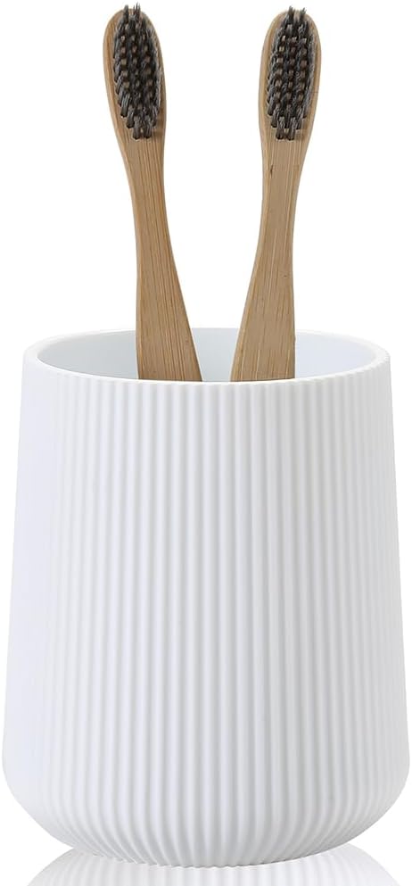 YAUKPH White Striped Toothbrush Holder for Electric Toothbrushes Bathroom Organizer Cup for Toothpaste Kids & Adults