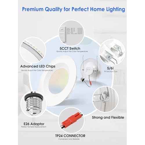 12 Pack 5/6 Inch 5CCT LED Recessed Light Retrofit, 2700K/3000K/4000K/5000K/6500K Selectable Downlight, Dimmable Can Lights with Metal Baffle Trim, CRI 90, 10.5W=85W, E26 Base, IC & Wet Rated, ETL&FCC