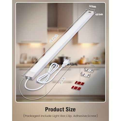 MYPLUS 2Pcs 24 Inch Under Cabinet Lights with Hand Wave, Under Counter Lighting 4000K Natural White,Dimmable,Plug and Play,LED Lights for Kitchen Cabinet, Cupboard, Closet, Desk