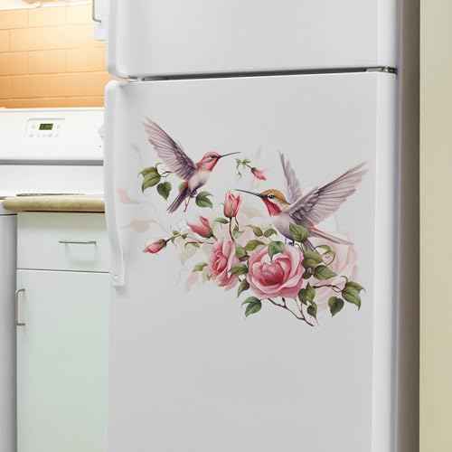 Pink Rose Hummingbird Flower Wall Stickers, sacinora Romantic Floral Art Bird Wall Decals Removable Vinyl Peel and Stick for Living Room Bedroom Nursery Playroom Kitchen Decorations