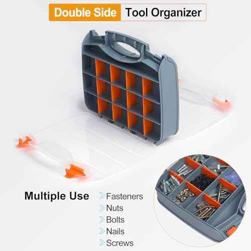 HARFINGTON Double Side Tool Organizer 12.2"x10.2"x3" 30-Compartment Hardware Storage Box with Removable Plastic Dividers for Screws Nuts Nails Bolts
