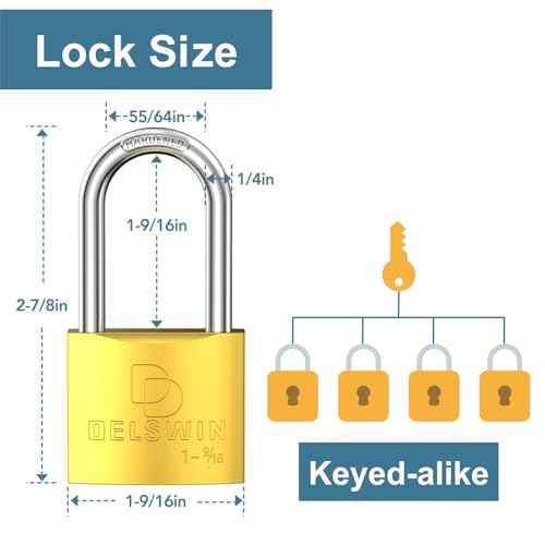 DELSWIN Weatherproof Padlock with Key (Keyed Alike) - Heavy Duty Solid Brass Locker Lock with 1-9/16" Long Shackle, Marine Grade Pad Lock for Outdoor Gate, Fence, Shed (4 Pack)
