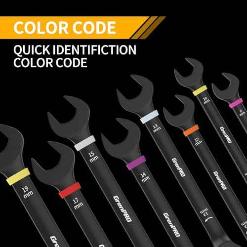 Ratcheting Wrench Set Metric And Standard, 9PC 8-19 mm 72Th Long Big Box Open End Ratchet Wrenches Organizer With Color Ring With Roll Up Pouch With 1 Gauge, Large Combination Wrench Tool Sets