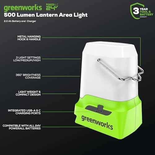Greenworks 24V Cordless Lantern, Portable 500 Lumens Camping Light with Hook and Two USB Output Ports, 3 Modes, Mini Area Light with 2Ah Battery and Charger
