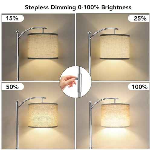 Dimmable Floor Lamp, Arc Floor Lamps for Living Room, Stepless Dimming Modern Standing Lamp with Linen Shade, Tall Lamp for Bedroom Office Dining Room- Silver