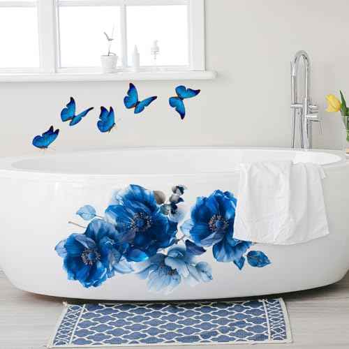 Blue Flower Wall Decals Peel and Stick Peony Floral Wall Sticker Decor Removable Peonies Bouquet Wall Murals with Butterflies for Girls Bedroom Living Room Bathroom Hallway Door Office Kids Nursery