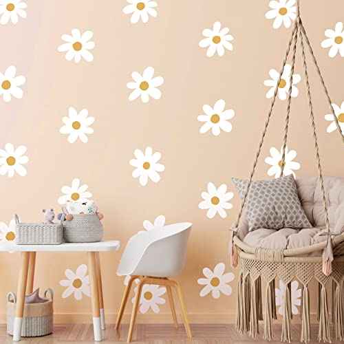 BBTO Daisy Wall Decal Flower Vinyl Wall Decals Daisy Stickers Floral Decals Peel and Stick for Nursery Art Bedroom Living Room(Simple Style,White)