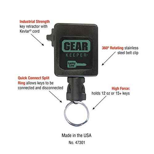 Lucky Line HIGH Force Gear Keeper, Industrial Strength Key Retractor with 42" Kevlar Cord, Clip-On, 1 per Pack (47301), Black, HIGH Force - Holds 15-28 Keys or 12 oz
