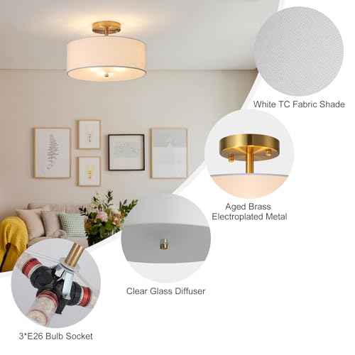 12.6" Semi Flush Mount Ceiling Light Fixture, 3 Light Gold Drum Light Fixtures with White Fabric Shade, Modern Close to Ceiling Lighting for Living Room, Bedroom, Hallway, Entry, Foyer
