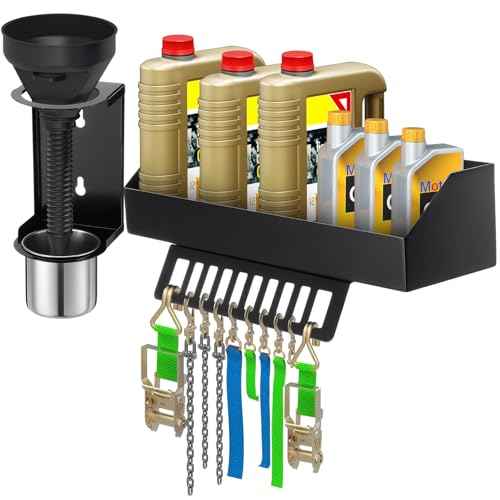 Zonon 6 Quart Motor Oil Bottle Holder Oil Bottle Storage Rack with Funnel Holder Organizer Wall Mount for Shed Garage, Pegboard, Workshop, Home, Enclosed Race Trailer Shop, Fit Most of Storage Tool
