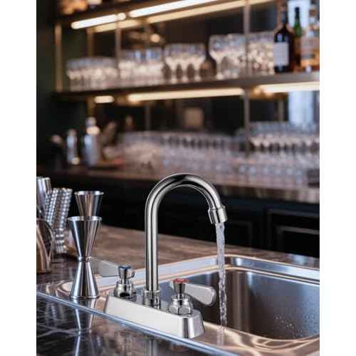 Commercial Kitchen Faucet 4" Center Deck Mount Commercial Bar Hand Sink Faucet with 3-1/2" Gooseneck Spout 2 Lever Handles Laundry Tub Utility Sink Faucet, Brass, Ceramic Valve