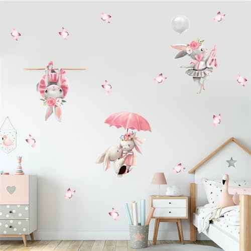 Cute Pink Bunny Butterfly Wall Stickers, sacinora Little Rabbit Cartoon Animal DIY Wall Decal Removable Vinyl Peel and Stick for Kids Baby Girl Nursery Bedroom Toddler Room Kindergarten Art Decoration