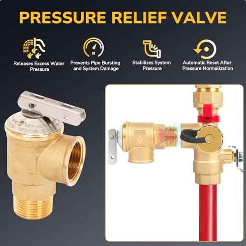 Tankless Water Heater Service Valve Kit, 3/4 Inch IPS Isolator Set with Pressure Relief Valve, Hot & Cold Shut-Off Valves, Lead-Free Premium Brass, Compatible with Rheem, Rinnai, Navien