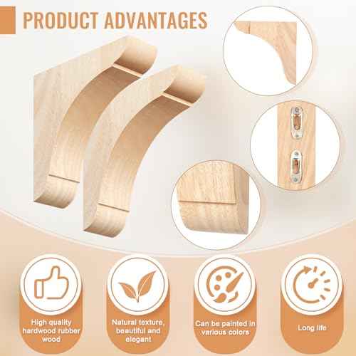 8 Pcs Wood Corbels Wooden Shelf Brackets 1.75'' W x 6'' D x 6'' H Unfinished Paintable Bracket with Hanging Hook for Doorway Countertop Kitchen Cabinet Book Shelves, Rubber Wood