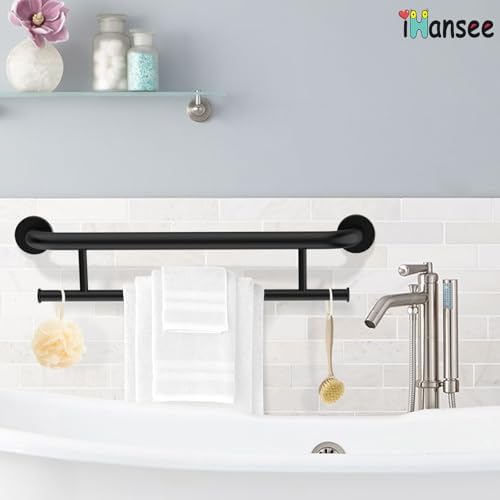 Matte Black Grab Bar 24 Inch w/Towel Holder, iHansee Stainless Steel Towel Rack Shower Support Balanced Support Handle, Wall Mount Safety Handrail Grab Rail for Elderly Senior Handicap Disabled