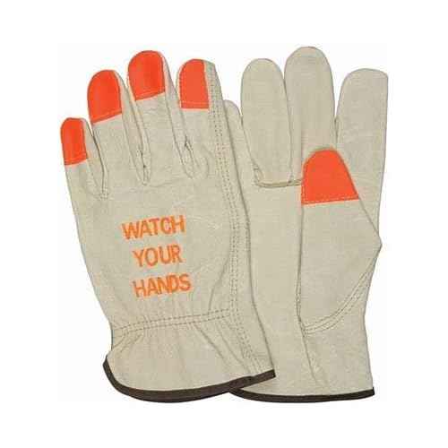 Toledano Industries Hi Vis Leather Work Gloves (Watch Your Hands - Orange Tips) (2 Extra Large)