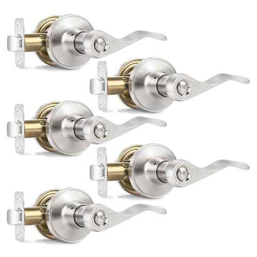 5 Pack Privacy Door Levers Brushed Nickel Door Handles, Wave Style Interior Door Knobs, Heavy Duty Reversible Keyless Door Handles for Bedroom Bathroom Doors