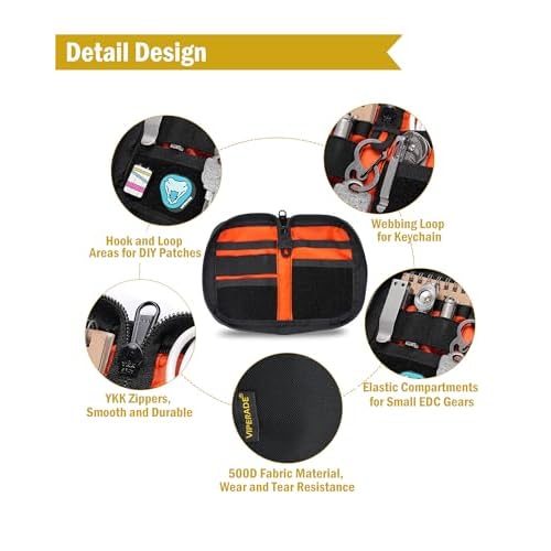 VIPERADE VE21 EDC Pouch Small Pocket Organizer with 9 Compartments, Pocket Tool Pouch with Patches Display Panel, Mini Organizer Bag for Men (Black)