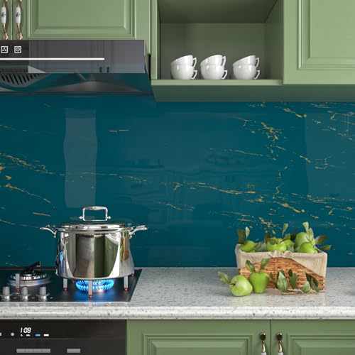 Livelynine Teal and Gold Contact Paper Marble Wallpaper Peel and Stick Countertops Waterproof Kitchen Vinyl Wrap Blue Desk Cover 15.8x78.8 Renter Friendly Counter Top Covers Heat Resistant Bathroom