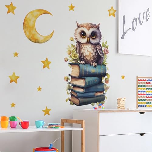 Cute Owl Books Moon Stars Educational Wall Stickers, sacinora Reading Corner Cartoon Animal Wall Decals Removable Vinyl Peel and Stick for Kids Baby Study Room Classroom Nursery Bedroom Art Decoration